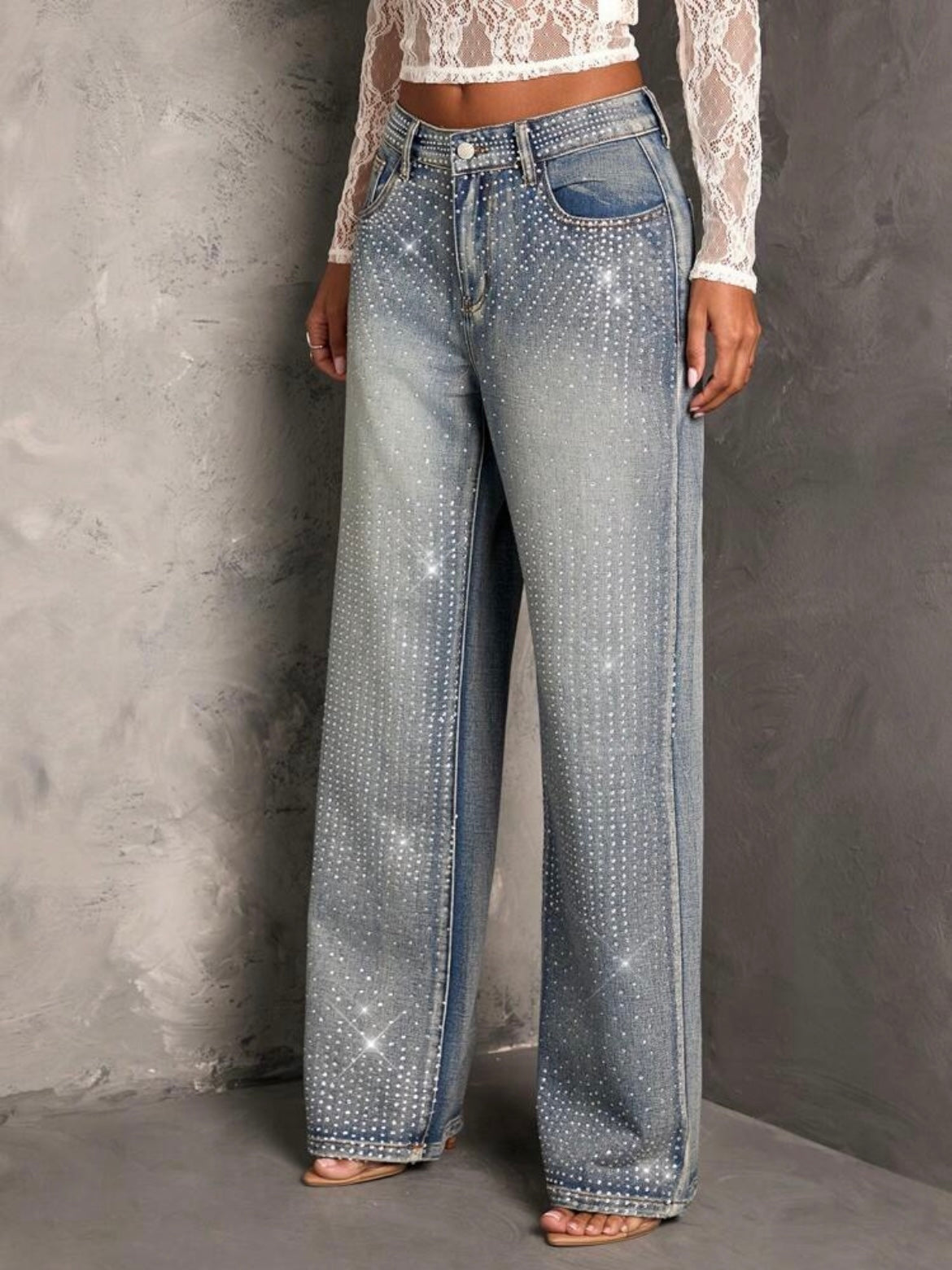 CM-BS422718 Women Elegant Seoul Style Rhinestone Embellished Straight Leg  Jeans - Blue