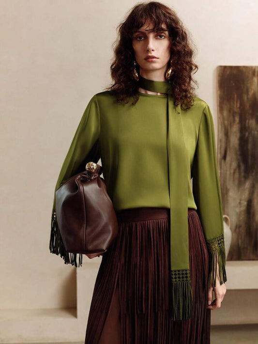 CM-TS528739 Women Elegant Seoul Style Round Neck Cuffs Woven Tassel Design Long Sleeve Shirt - Dark Green