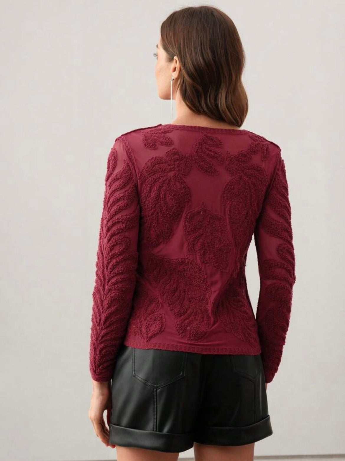 CM-TS365005 Women Elegant Seoul Style 3D Floral Print Fitted Crew Neck Sheer Long Sleeve Top