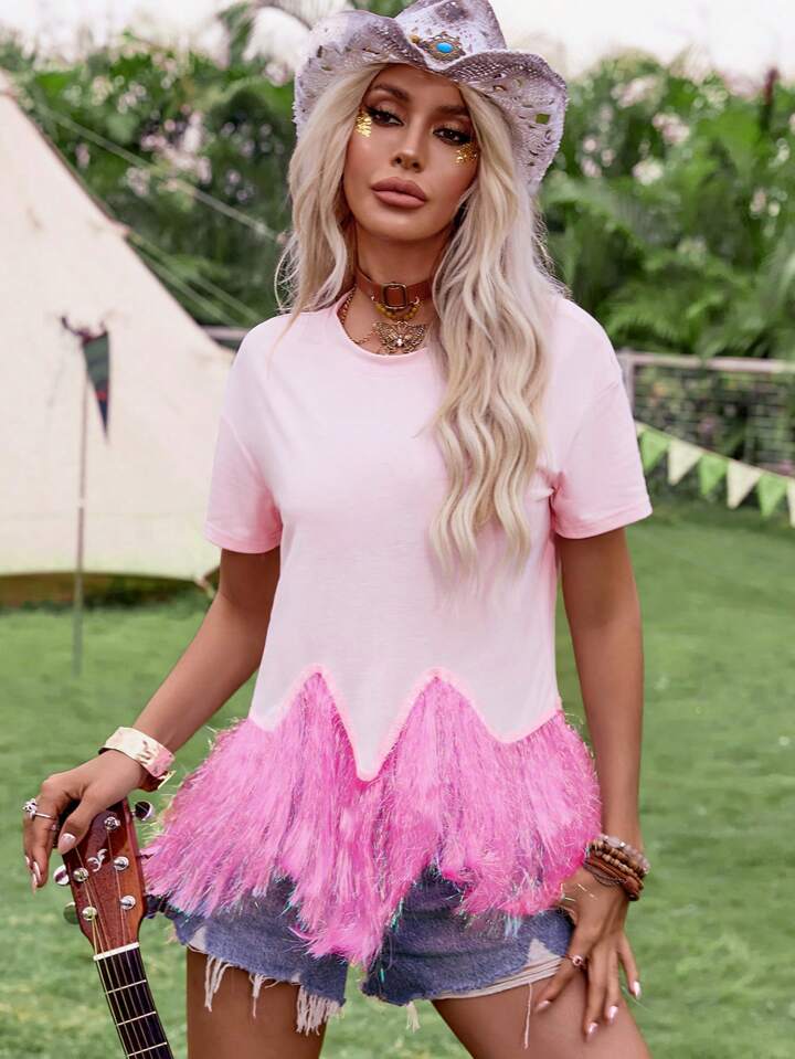 CM-TS517768 Women Trendy Bohemian Style Round Neck Fringe Short Sleeve T-Shirt - Pink