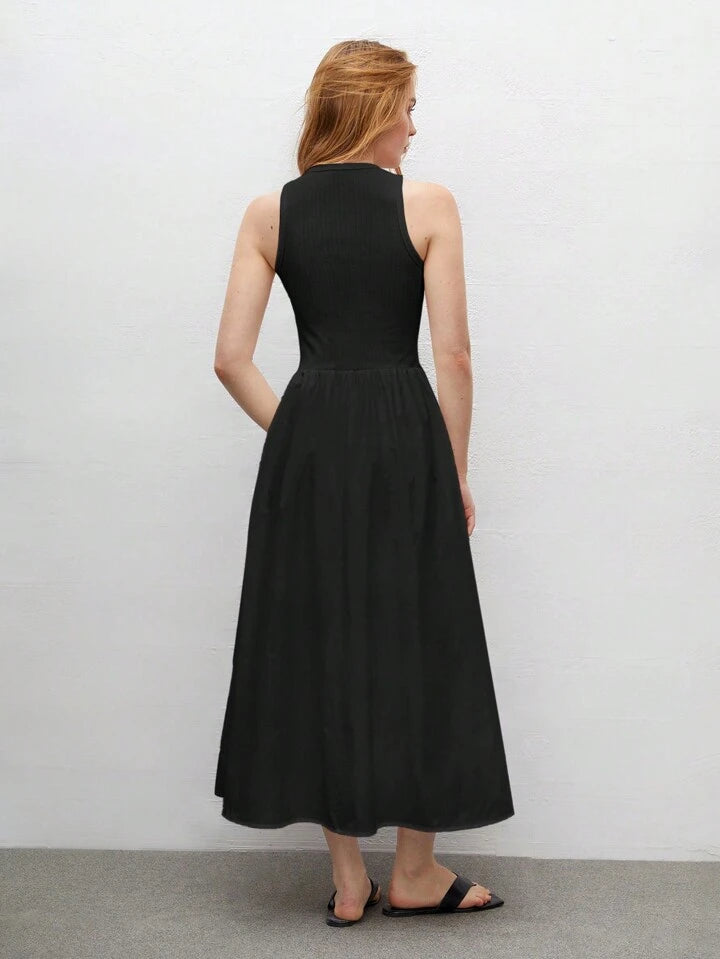 CM-DS644099 Women Trendy Bohemian Style Round Neck Sleeveless High Waist Slim Fit Dress - Black