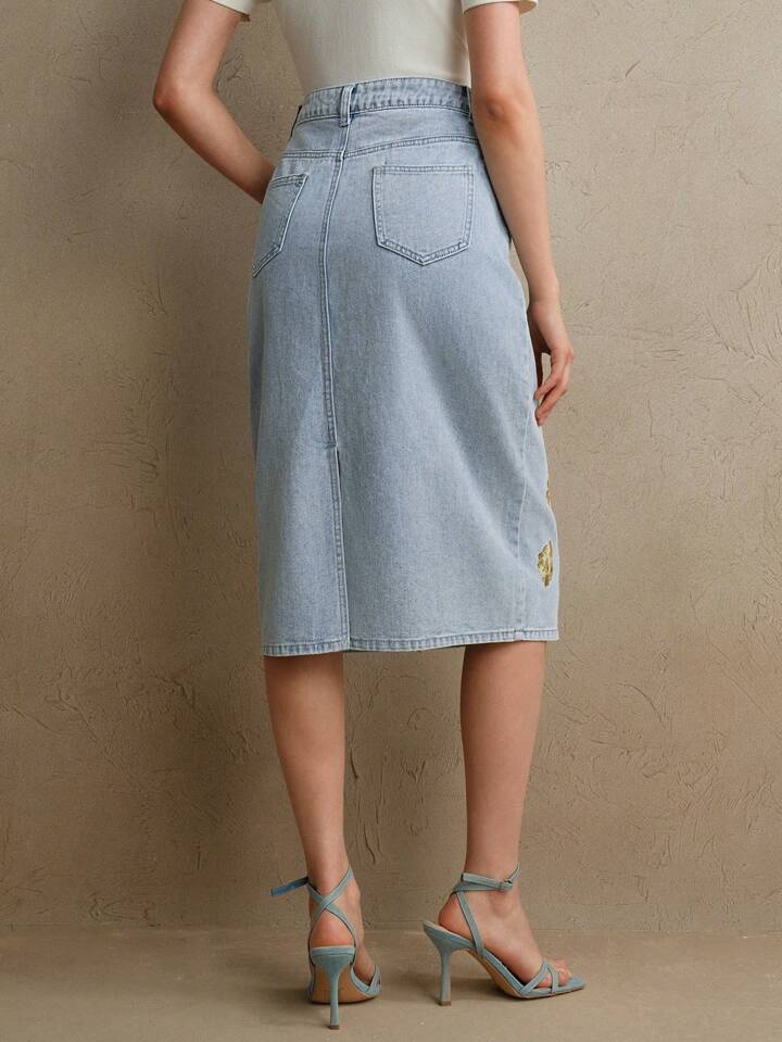 CM-BS252140 Women Elegant Seoul Style Floral Embroidered Fitted High Waist Midi Denim Skirt - Blue