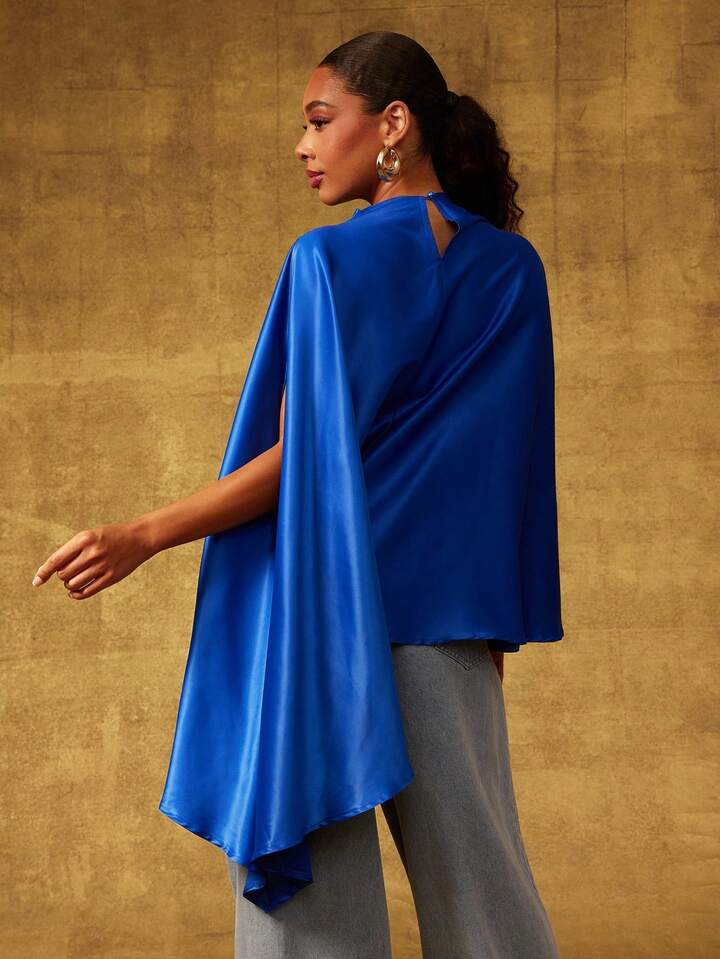 CM-TS529165 Women Elegant Seoul Style Stand Collar Sleeveless Satin Draped Asymmetrical Hem Cape Top - Blue