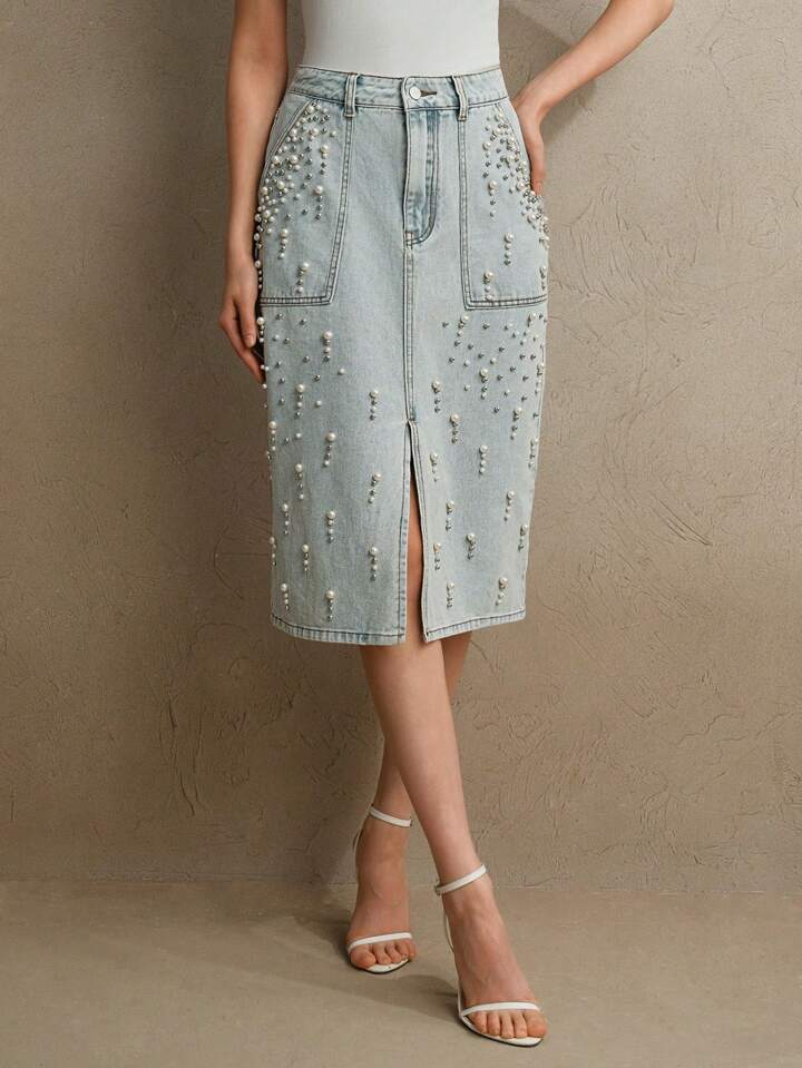 CM-BS676009 Women Elegant Seoul Style Light Wash Beaded Embellished Fitted Midi Denim Skirt