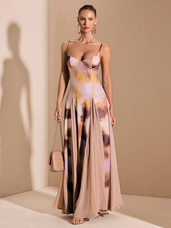 CM-DS498440 Women Elegant Seoul Style Multi-Color Ombre Print Patchwork Oversized Hem Long Dress