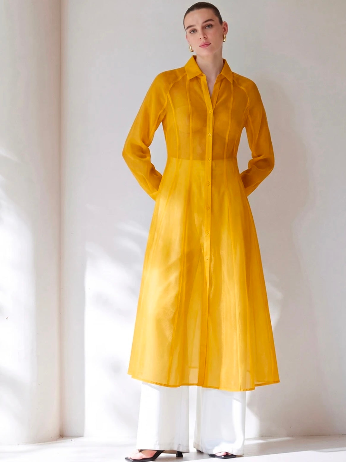 CM-TS234034 Women Casual Seoul Style Translucent Textured V-Neck Long Sleeve Gathered Waist Shirtdress - Yellow