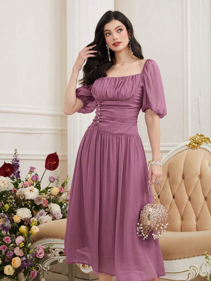 CM-DS785447 Women Elegant Seoul Style Square Neck Short Puff Sleeve Pleated Dress