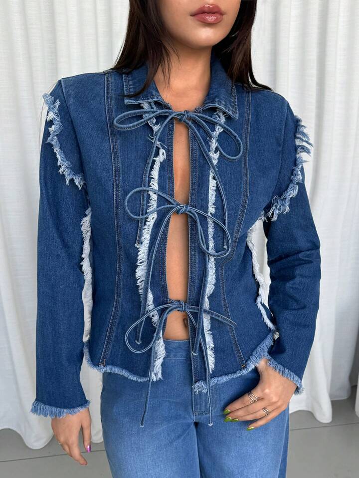 CM-CS555822 Women Casual Seoul Style Patchwork Frayed Edge Long Sleeve Front Tie Denim Jacket