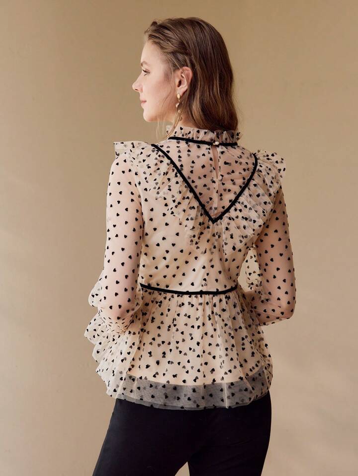 CM-TS622020 Women Elegant Seoul Style Stand Collar Flare Sleeve Contrast Mesh Ruffle Trim Blouse - Apricot