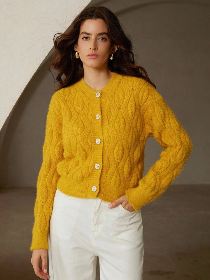 CM-CS125063 Women Elegant Seoul Style Solid Color Argyle Pattern Crew Neck Long Sleeve Rib-Knit Cardigan - Yellow