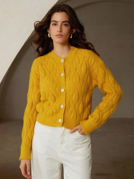 CM-CS125063 Women Elegant Seoul Style Solid Color Argyle Pattern Crew Neck Long Sleeve Rib-Knit Cardigan - Yellow