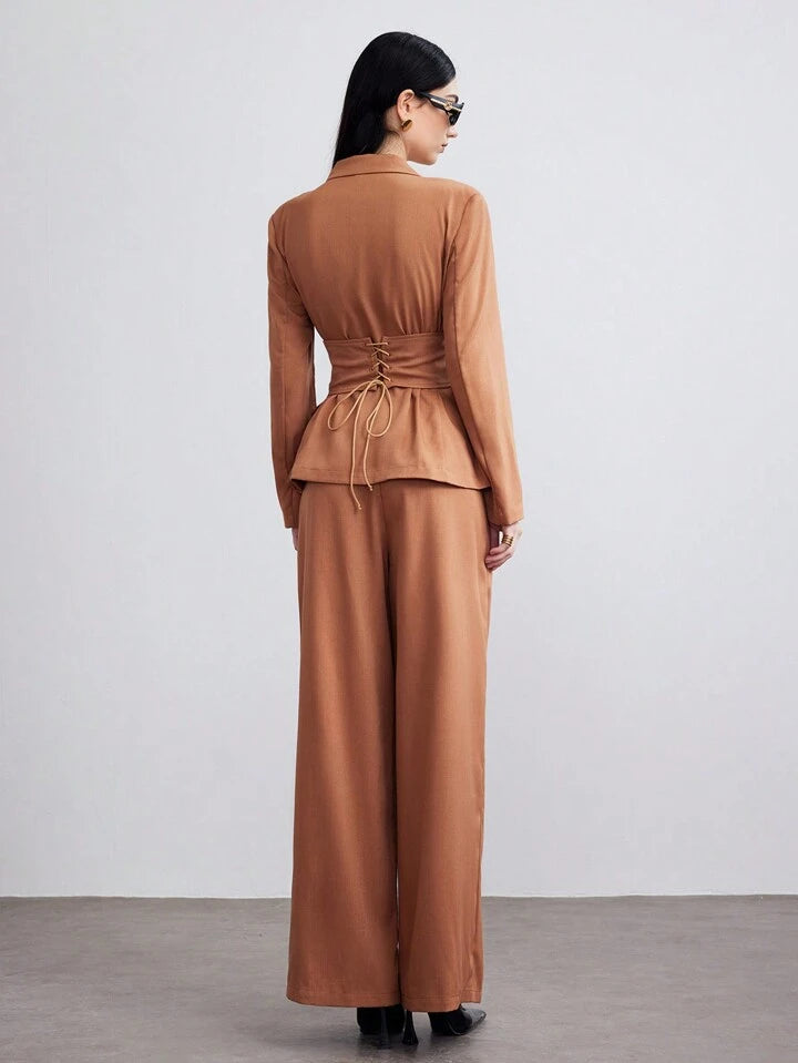 CM-SS265938 Women Elegant Seoul Style Shawl Collar Blazer Suit With Waist Band Long Pants - Set