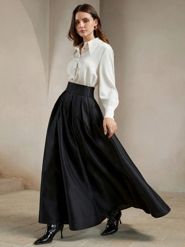 CM-BS549896 Women Elegant Seoul Style High Waisted Puff Pleated Long Skirt - Black