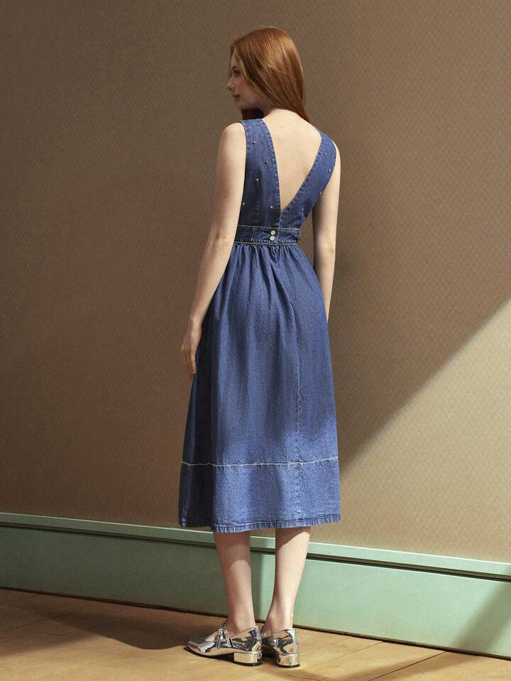 CM-DS211413 Women Casual Seoul Style Deep V-Neck Spaghetti Strap High Waist Denim Dress - Blue