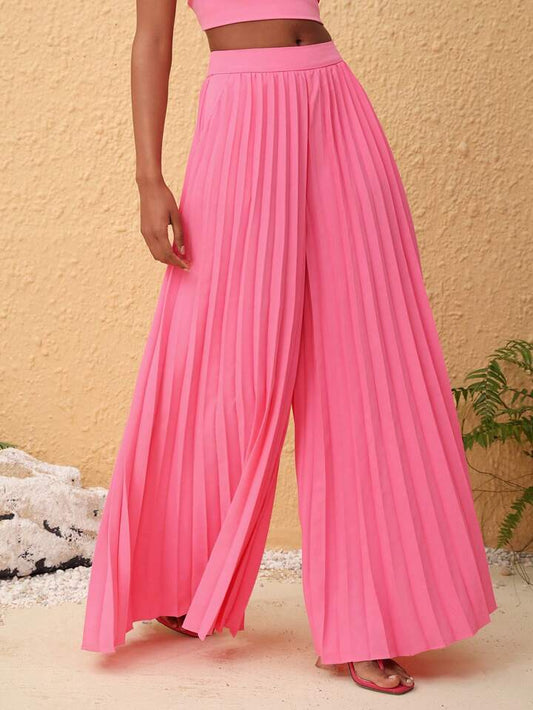CM-BS398934 Women Trendy Bohemian Style High Waisted Pleated Wide Leg Pants - Pink