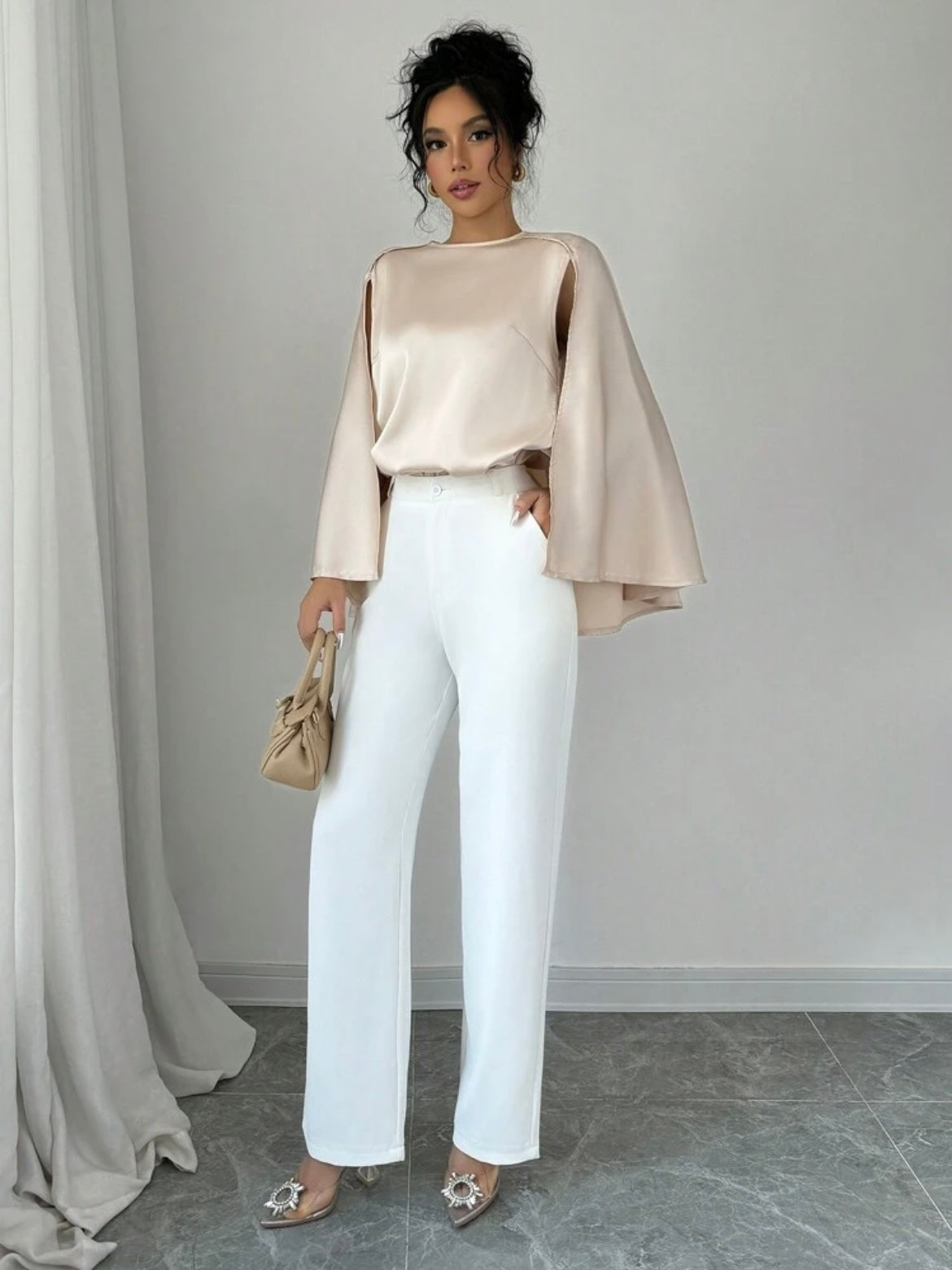 CM-TS517920 Women Casual Seoul Style Round Neck Elegant Cape Sleeve Long Sleeve Blouse - Apricot