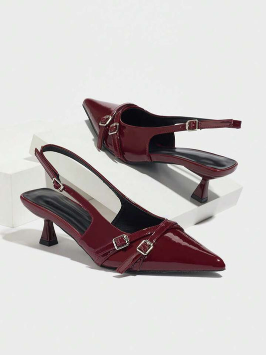 CM-SHS588161 Women Trendy Seoul Style Pointed Toe Kitten Heel Slingback Patent Leather Pumps - Burgundy