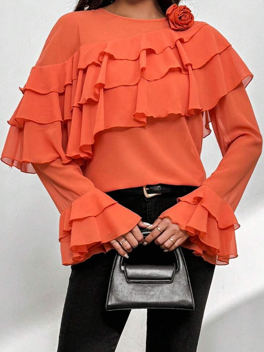 CM-TS831955 Women Elegant Seoul Style 3D Floral Decorated Ruffle Trim Blouse - Orange