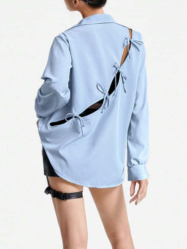 CM-TS568275 Women Casual Seoul Style Solid Cut Out Tie Back Long Sleeves Shirt - Baby Blue