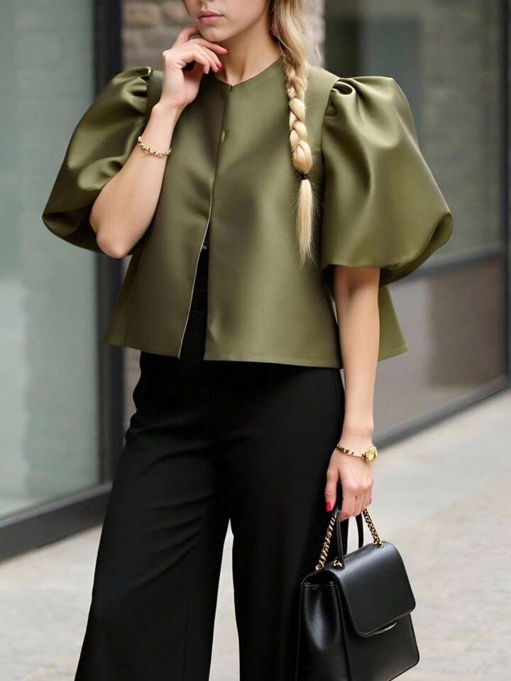CM-TS454206 Women Elegant Seoul Style Solid Color Round Neck Puff Sleeve Shirt - Green