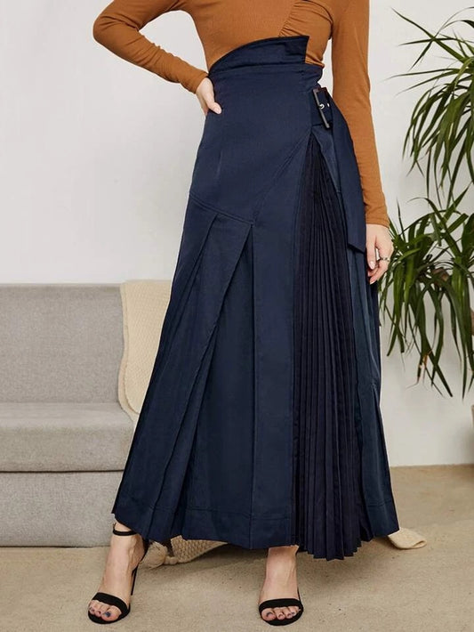 CM-BS222335 Women Elegant Seoul Style High Waist Buckle Strap Pleated Skirt - Navy Blue