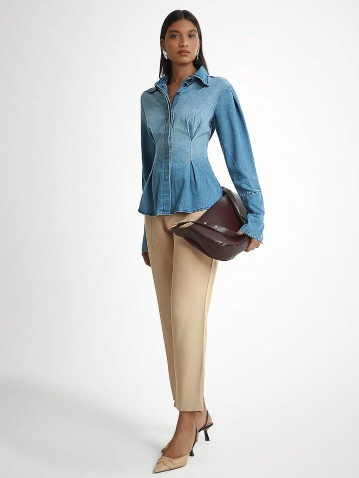 CM-TS723297 Women Elegant Seoul Style Medium Wash Collar Neckline Waist Cinched Long Sleeve Pleated Denim Shirt