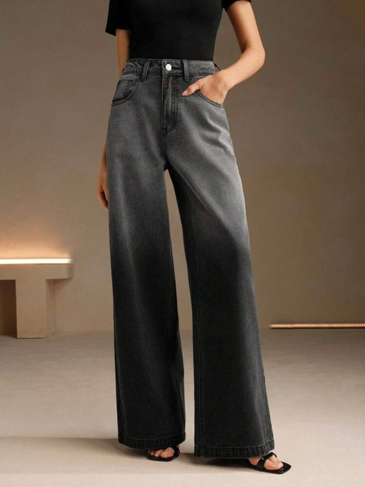 CM-BS998521 Women Casual SeouL Style Tie Dye Tie-Dye High Waist Wide Leg Jeans - Black