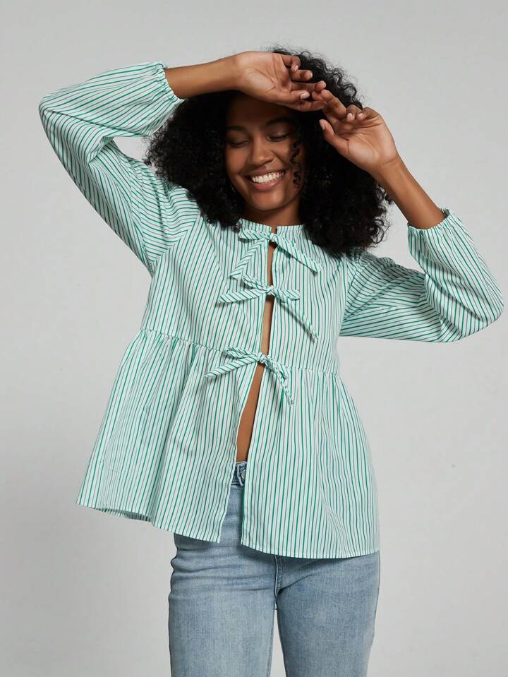 CM-TS377509 Women Casual Seoul Style Print Ruffle Hem Tie Long Sleeve Shirt - Mint Green