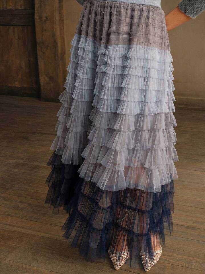CM-BS752533 Women Elegant Seoul Style High Waist Gradient Mesh Contrast Cake Tulle Skirt - Blue