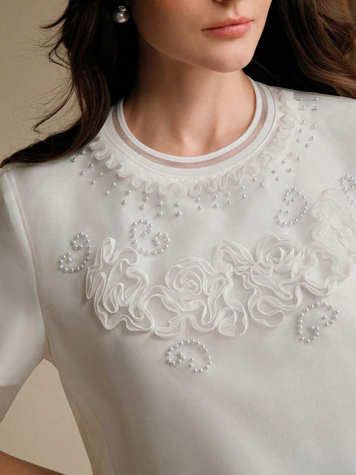 CM-TS677019 Women Elegant Seoul Style Round Neck Short Sleeve Pearl Handmade Double-Layer T-Shirt - White