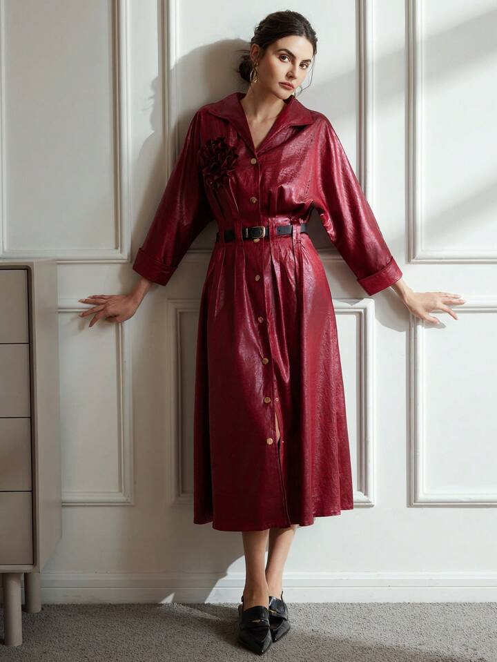 CM-DS128383 Women Elegant Seoul Style 3D Floral CollarMetallic Button Drop Shoulder Shiny Dress - Red
