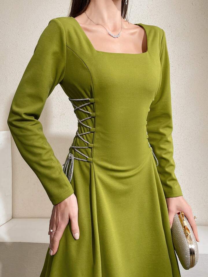 CM-DS903684 Women Casual Seoul Style Square Neck Long Sleeve Side Tie Maxi Dress - Green