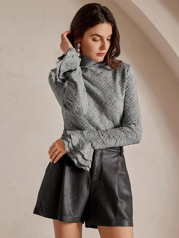 CM-TS324284 Women Elegant Seoul Style Stand Collar Long Sleeve Ruffle Cuff Fitted Crochet Blouse - Gray