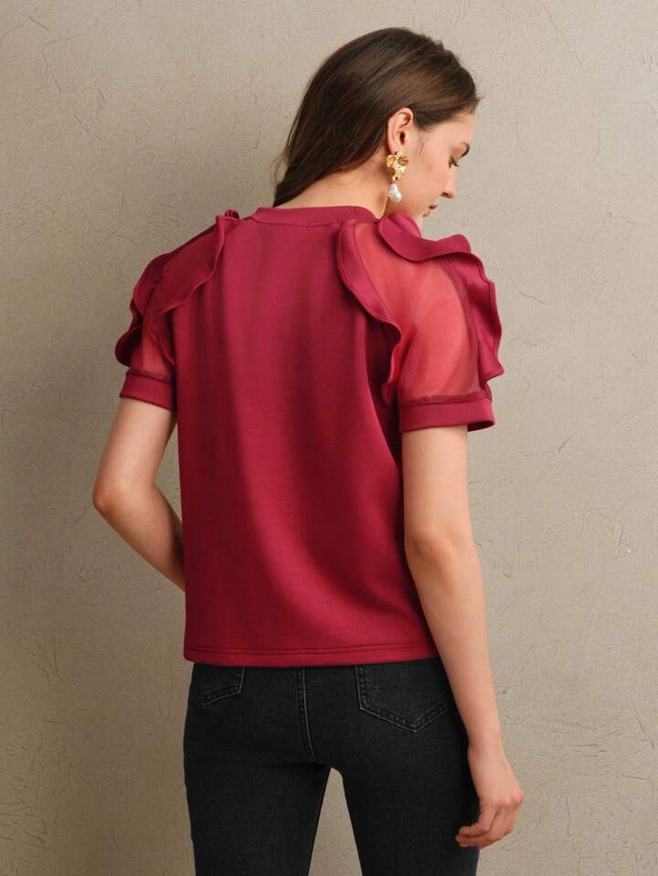 CM-TS571561 Women Elegant Seoul Style Round Neck Ruffle Trim Fitted Short Sleeve T-Shirt - Red