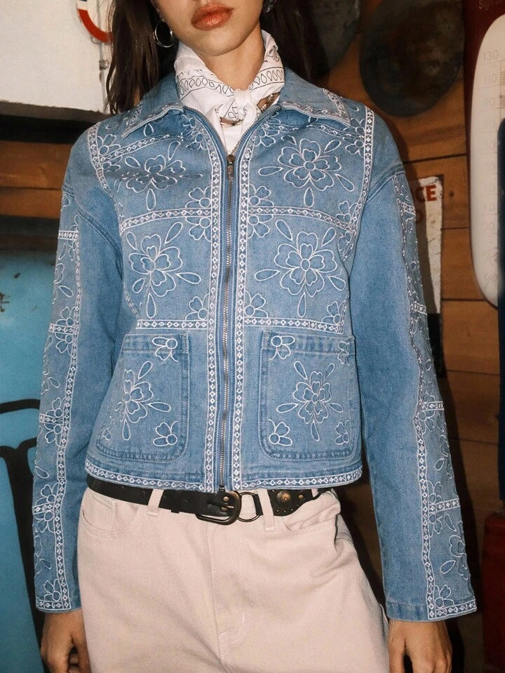 CM-CS082050 Women Casual Seoul Style Collar Neckline Long Sleeve Floral Embroidery Denim Jacket - Blue