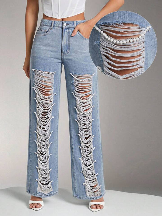 CM-BS343367 Women Casual Seoul Style Low Waist Distressed Pearl Accents Wide-Leg Jeans - Royal Blue