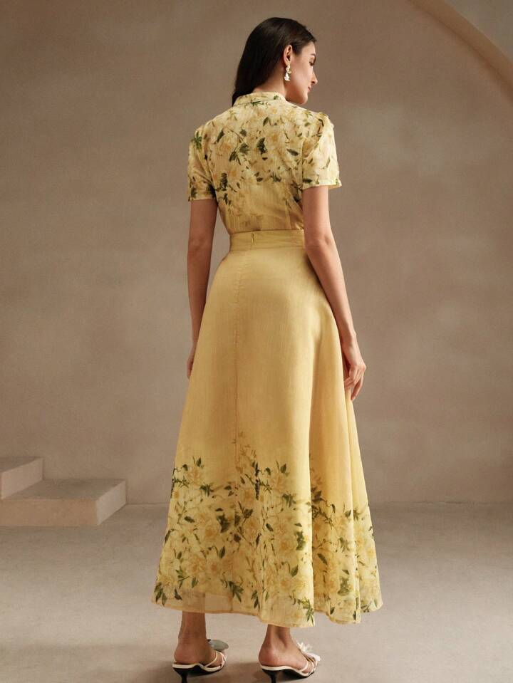 CM-SS855857 Women Elegant Seoul Style Floral Print Crew Neck Puff Sleeve Top With Long Skirt - Set