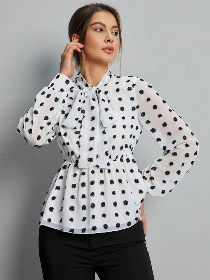 CM-TS424444 Women Casual Seoul Style Keyhole Neckline Polka Dot Printed Ruffle Hem Shirt