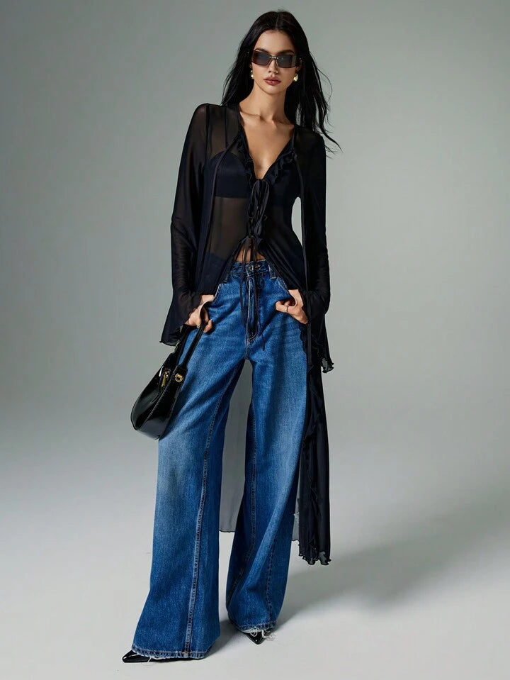 CM-TS810238 Women Casual Seoul Style Solid Color Ruffle Mesh Flare Sleeve Front Tie Long Shirt - Black