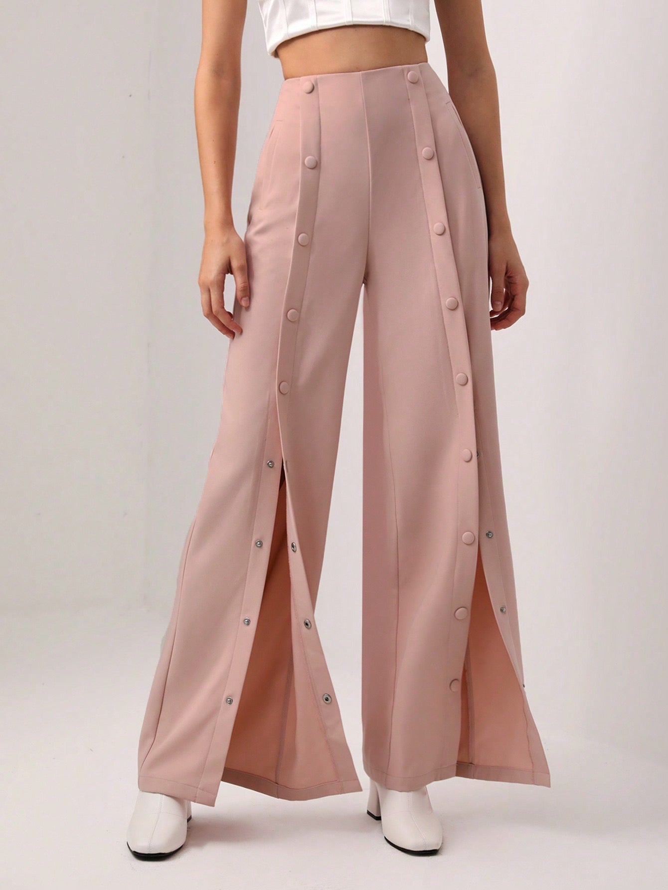 CM-BS309740 Women Elegant Seoul Style Button Front Flare Leg Suit Pants - Pink