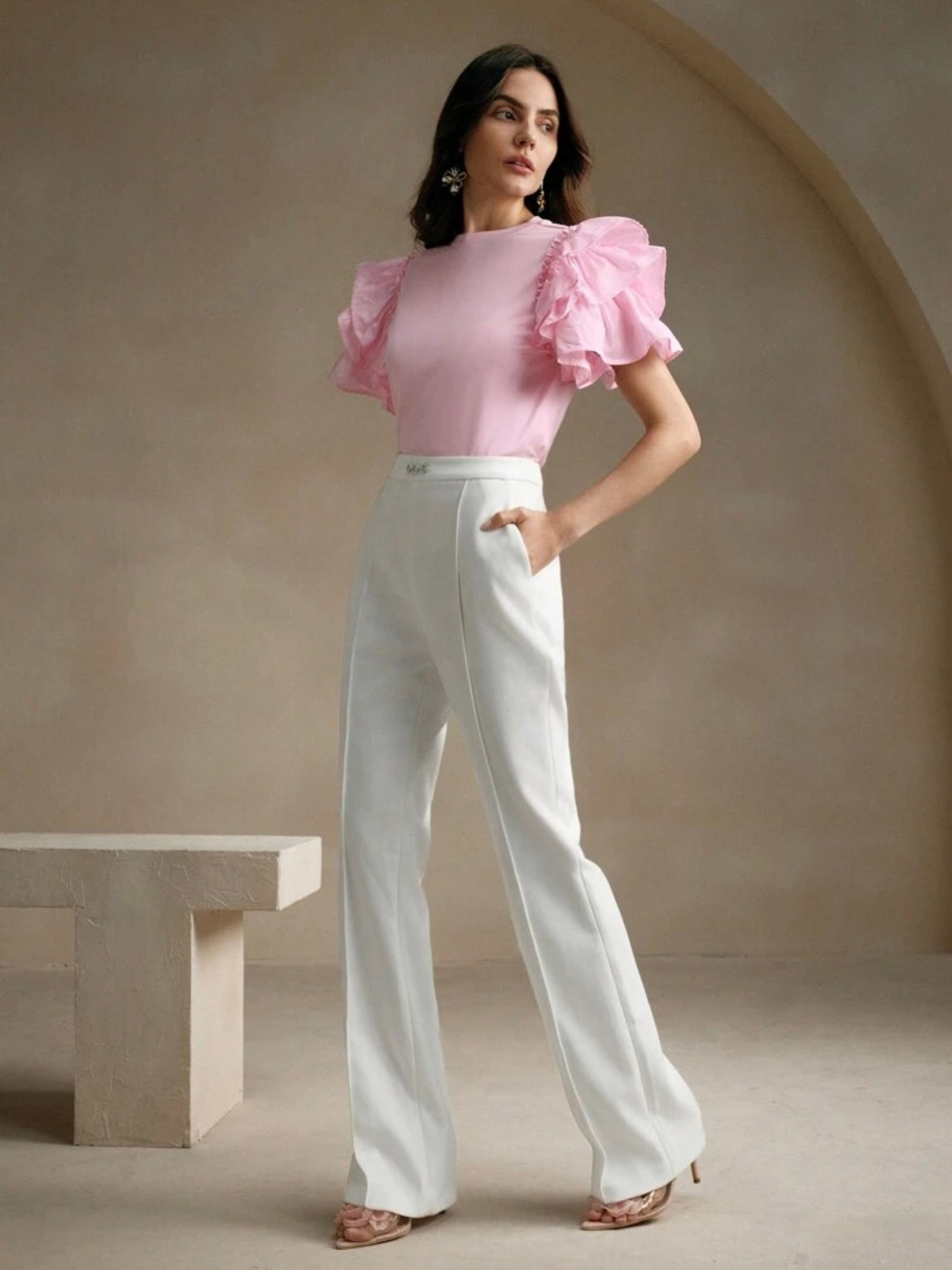 CM-TS461880 Women Casual Seoul Style Round Neck Puff Sleeve Ruffle Hem Splice Short Sleeve T-Shirt