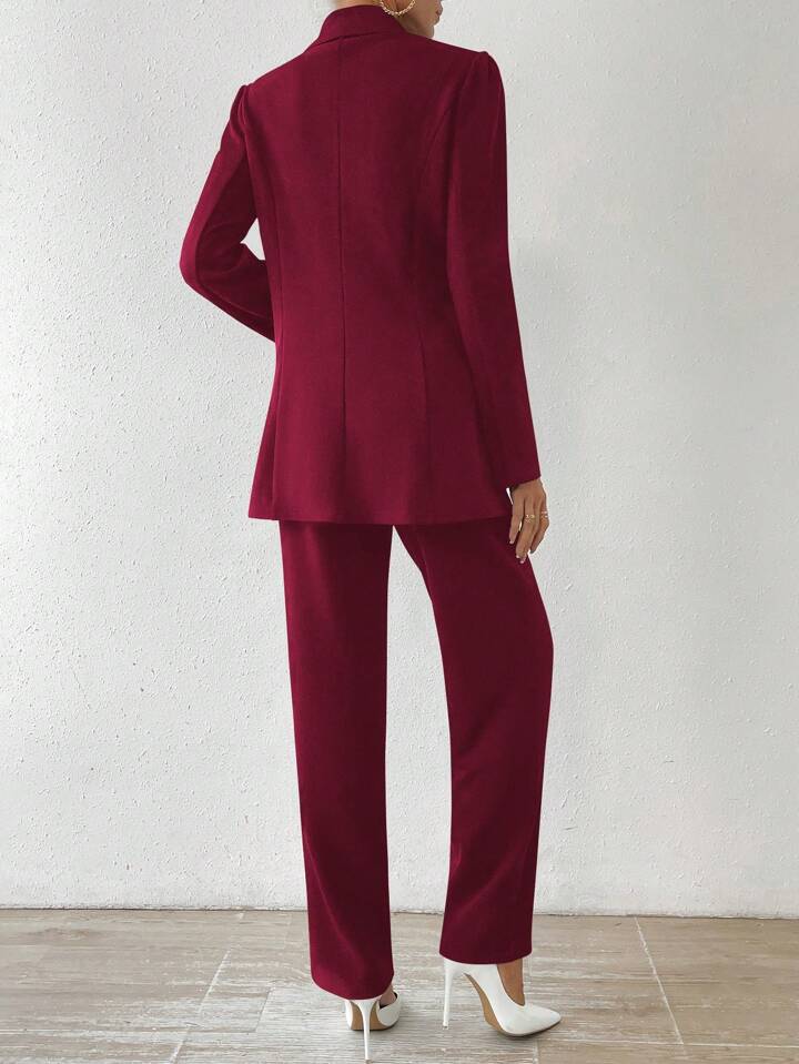 CM-SS205082 Women Elegant Seoul Style Lapel Double Button Suit Jacket With Trousers - Burgundy