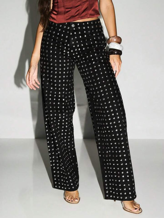 CM-BS956868 Women Casual Seoul Style High Waisted Metal Studs Wide Leg Palazzo Jeans - Black