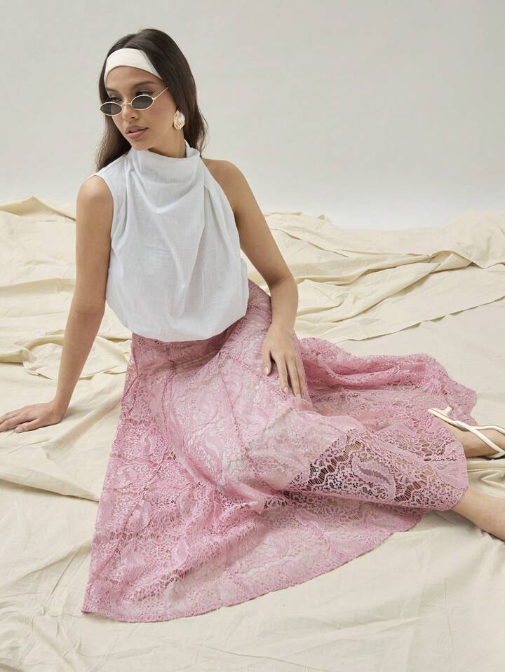 CM-BS666792 Women Trendy Bohemian Style High Waist Lace Pleated A-Line Midi Skirt - Pink