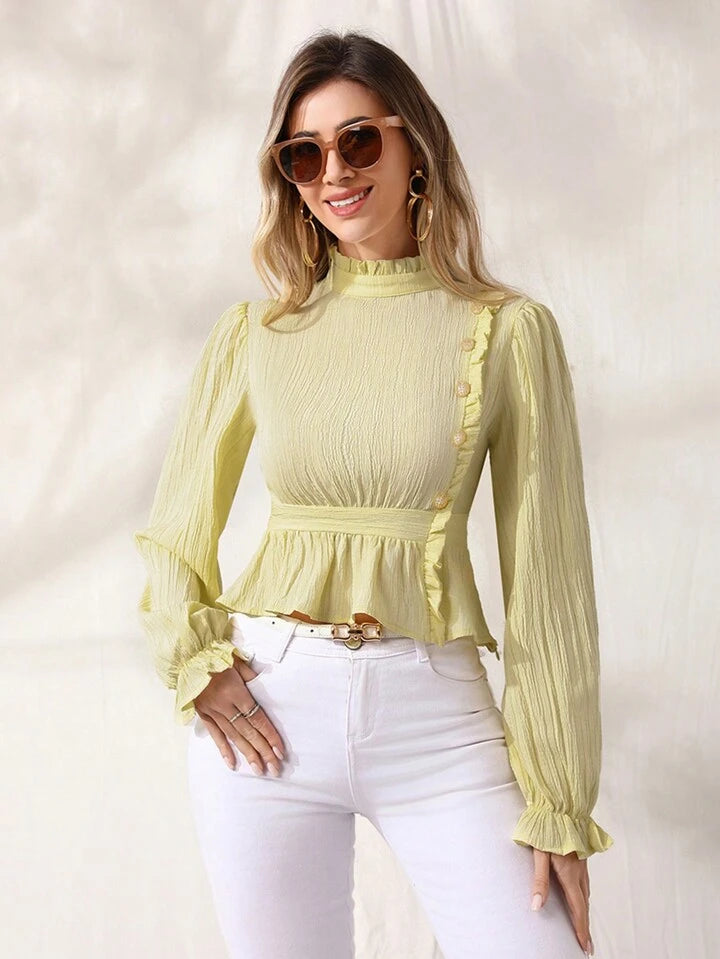 CM-TS532391 Women Elegant Seoul Style Stand Collar Ruffle Hem Long Sleeve Shirt - Yellow