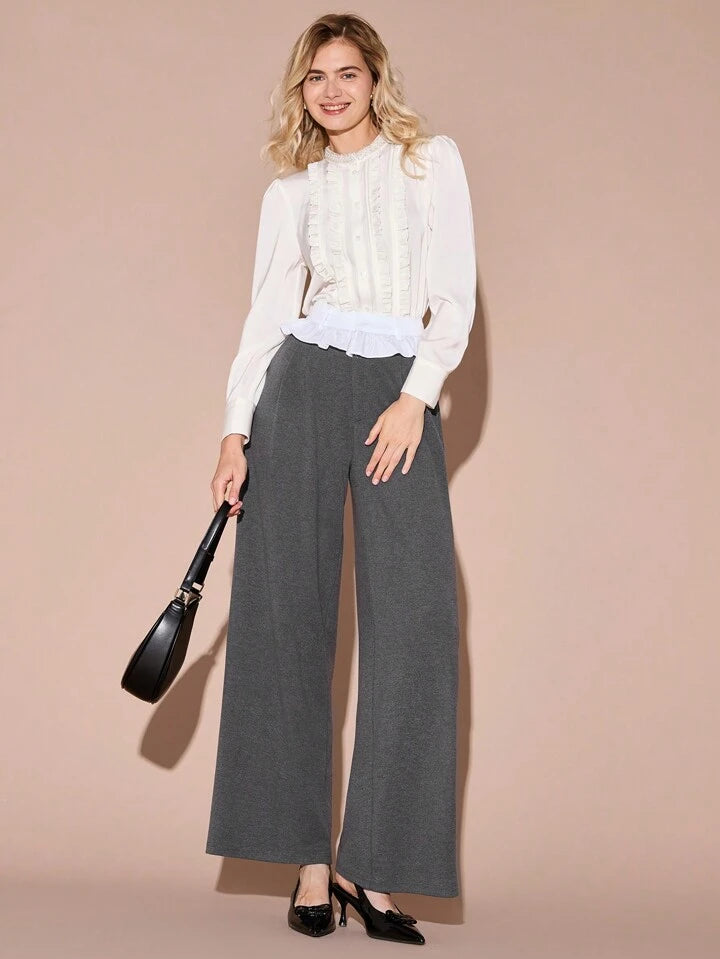 CM-BS769739 Women Casual Seoul Style Contrast Color High Waist Ruffle Hem Wide Leg Pants - Gray