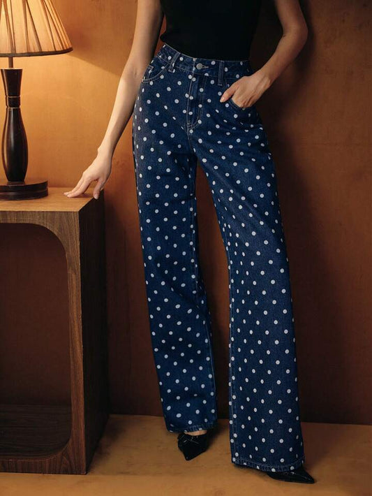 CM-BS606000 Women Casual Seoul Style Mid Waist Polka Dot Pattern Pocketed Wide Leg Loose Jeans - Blue