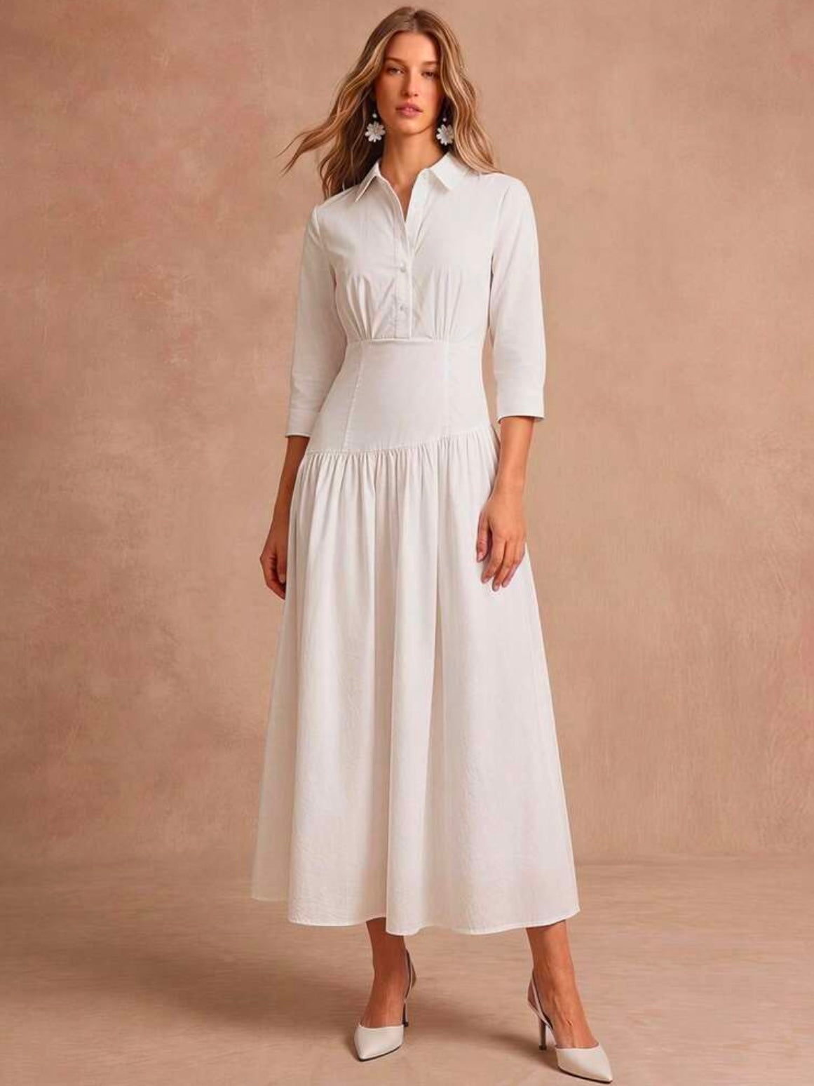 CM-DS246517 Women Elegant Seoul Style Collar Neckline 3/4 Sleeve Pleated Cinched Waist Dress - White
