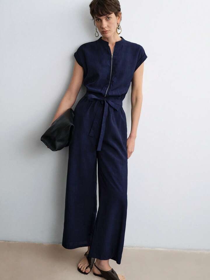CM-JS025073 Women Casual Seoul Style Stand Collar Cap Sleeve Cinched Waist Wide Leg Jumpsuit - Blue
