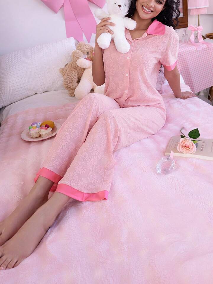 CM-LS048348 Women Trendy Seoul Style Floral Jacquard Knit Loose Pajama Set - Pink